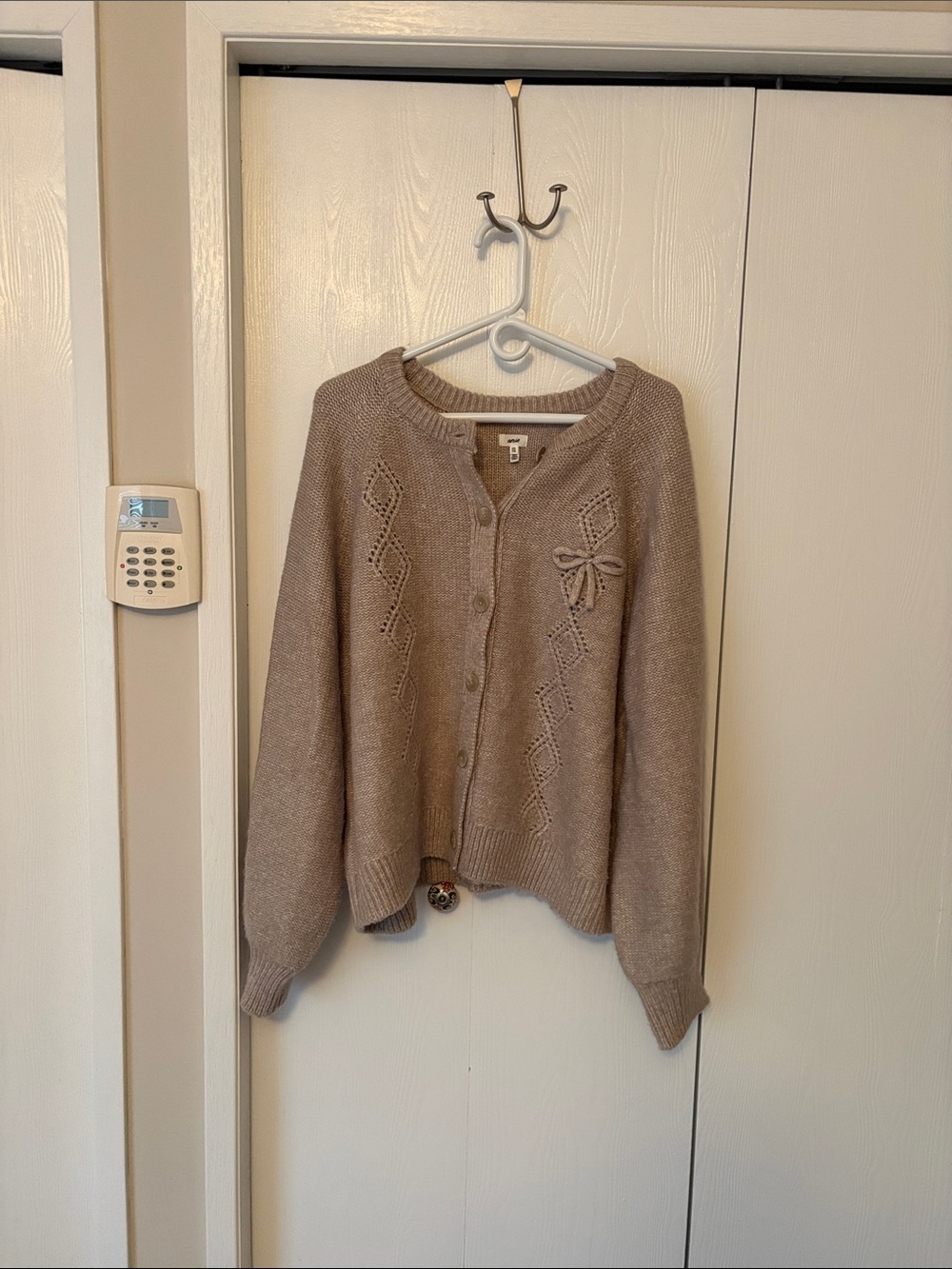 aerie Taupe Bow-Accent Button Cardigan Sweater